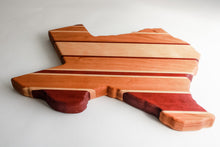 Load image into Gallery viewer, Texas shaped cutting board made with cherry, maple, and purpleheart

