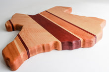 Load image into Gallery viewer, Texas shaped cutting board made with cherry, maple, and purpleheart
