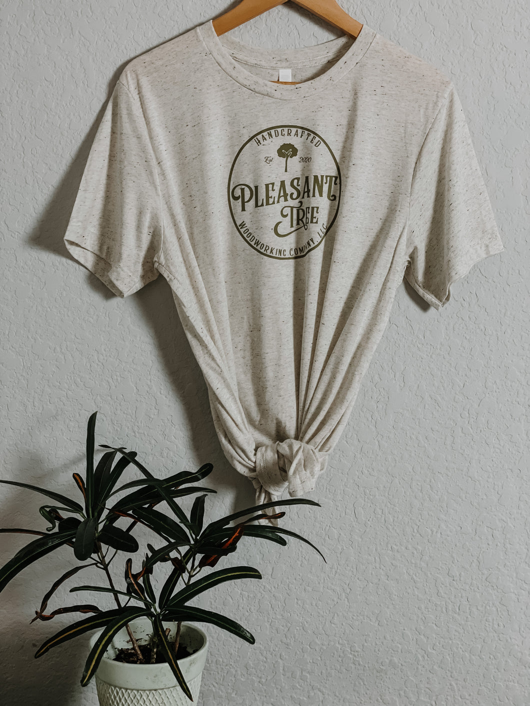 Oatmeal triblend tee with Pleasant Tree Woodworking Co. logo